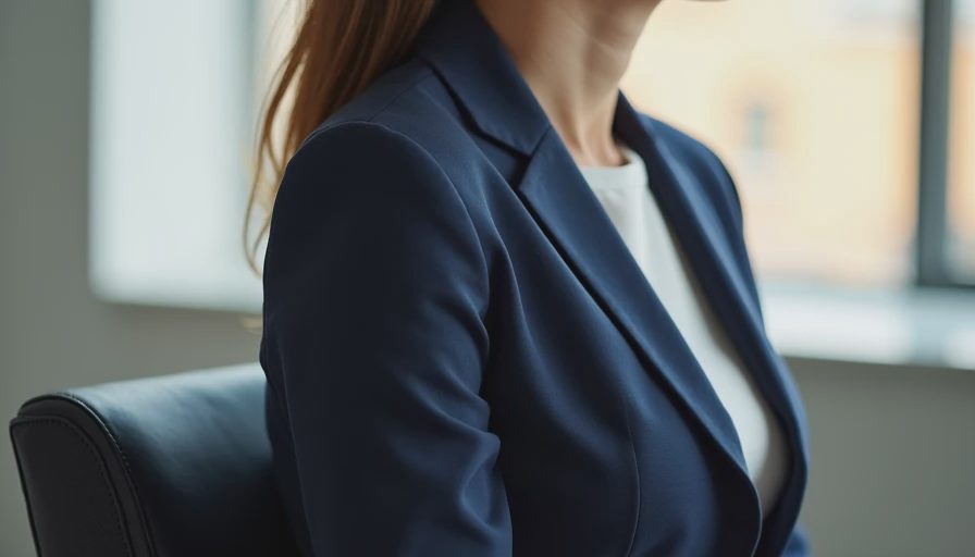 Blazer shoulder fit demonstration while seated in conference chair