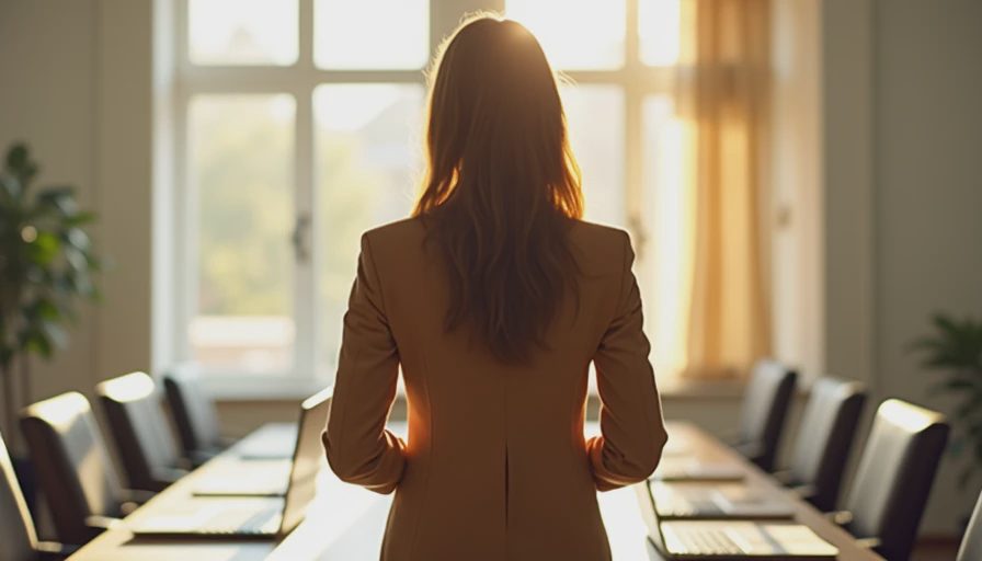 Woman in blazer confidently leading in conference room from behind