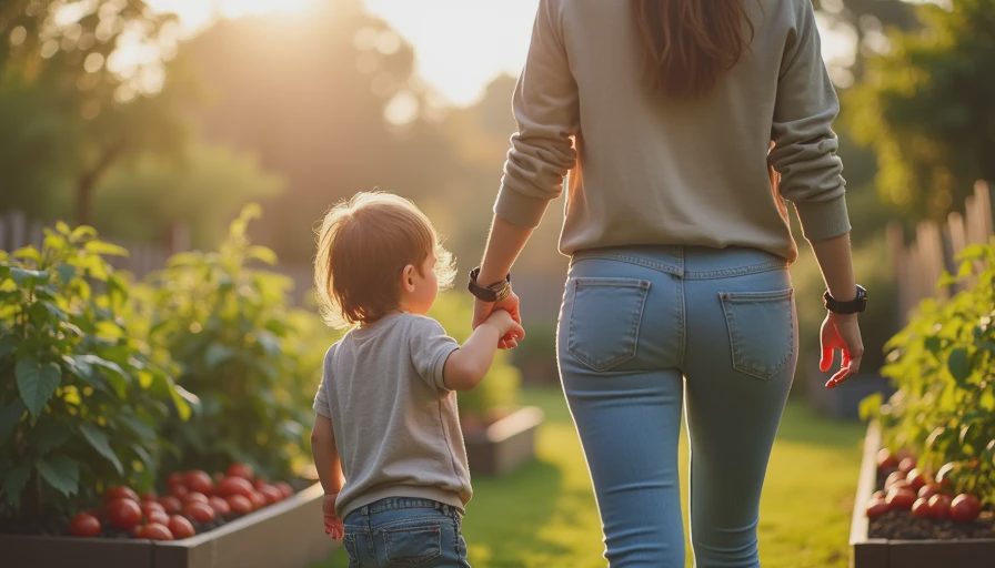 Mom and child in garden showing casual confident outfit
