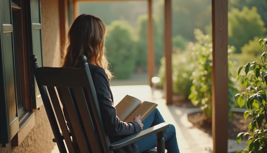 Woman on Nashville porch in practical everyday outfit