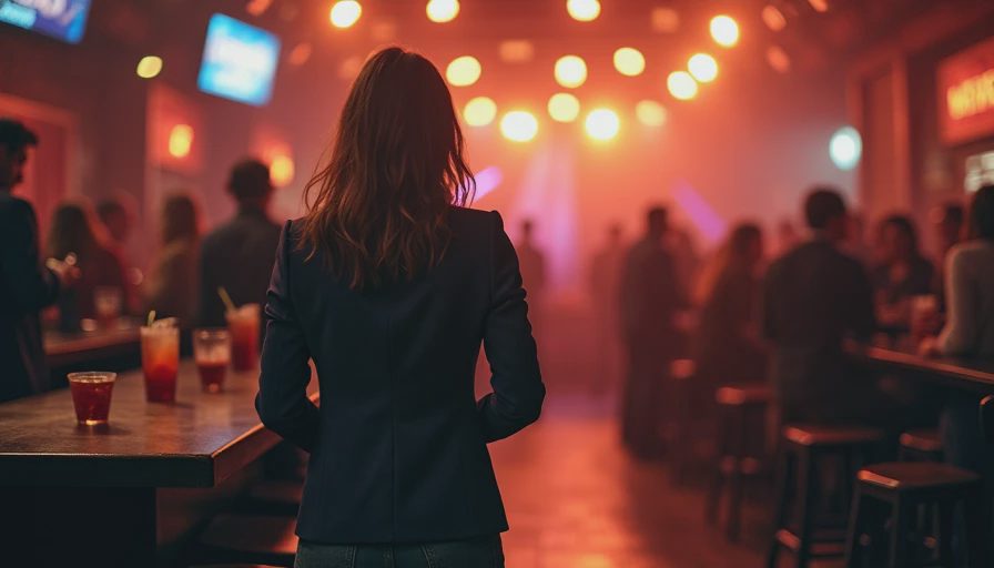 Woman in blazer at Nashville music venue from behind